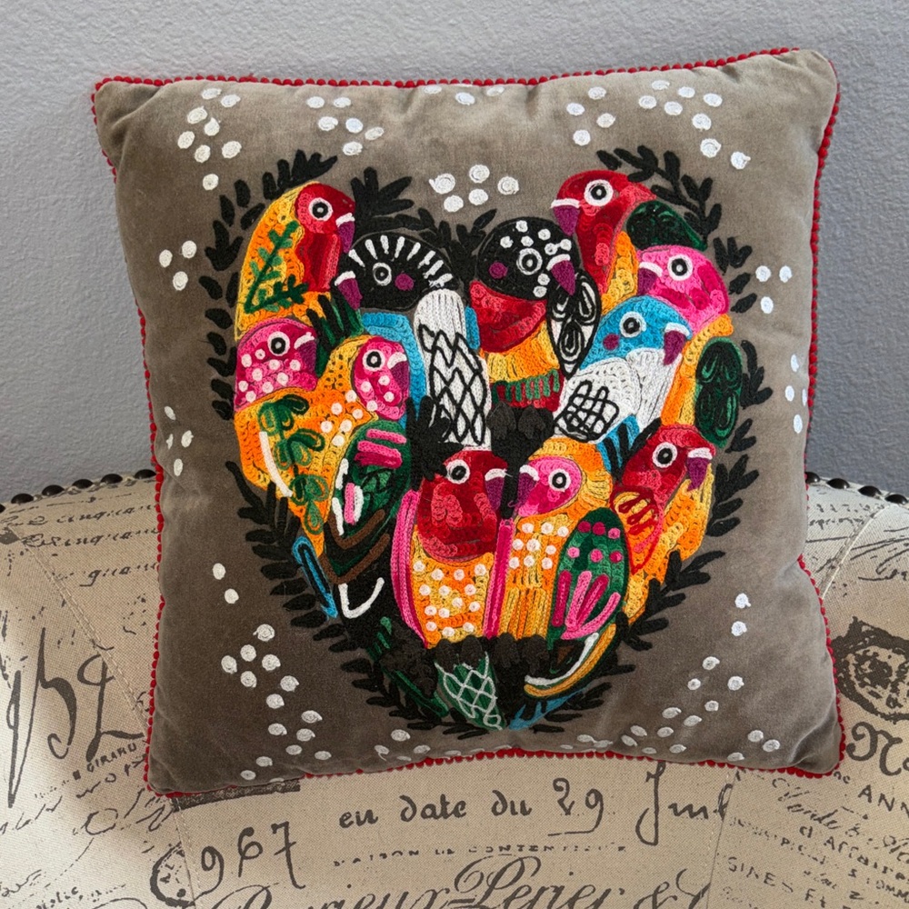 Karma Living Embroidered Bird Heart Pillow Boho Folk Art Colorful Parrot Cushion